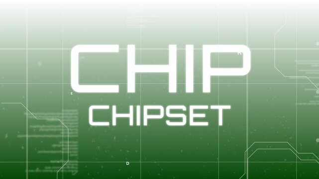 Opening digital interface starting letters drifting over green grid, glitching subtext CHIPSET