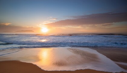 Obraz premium serene sunrise beach scene gentle waves lapping on sandy shore soft colors of dawn
