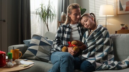Caucasian family at home ill sick kid girl daughter child cough pneumonia lungs coughing covered in...