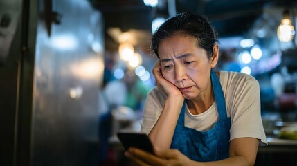 Middle-aged woman in kitchen setting, looking worried while reading her smartphone, emphasizing stress or concern.