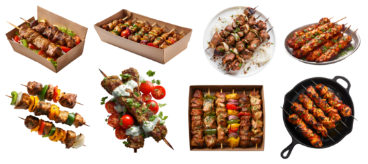 Set of Shish tikka kebab kebob skewers, meat vegetable grilled, BBQ grill, chicken lamb beef pork, with seasoning, paper box, skillet pan, pile stack on transparent cutout PNG. Mockup template