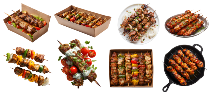 Set of Shish tikka kebab kebob skewers, meat vegetable grilled, BBQ grill, chicken lamb beef pork, with seasoning, paper box, skillet pan, pile stack on transparent cutout PNG. Mockup template