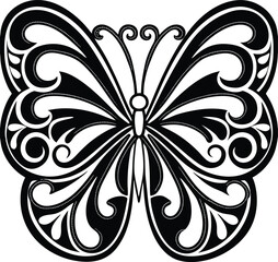 Intricate Black and White Butterfly with Ornate Swirling Wing Patterns for Elegant Design