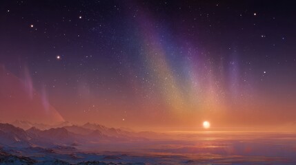 Fototapeta premium A radiant celestial horizon with shimmering auroras dancing above distant glowing planets and floating cosmic dust.