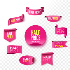 Half price sale banners. Pink ribbons, tags and stickers. Vector illustration.