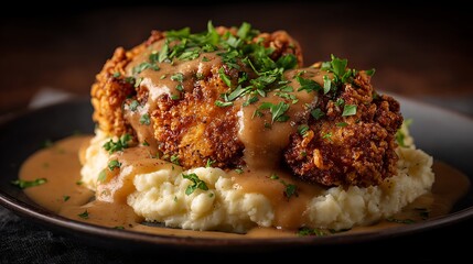 Crispy chicken with creamy mashed potatoes dish