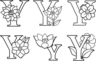 Set of Alphabet Y coloring page with the flower, Y letter digital outline floral, ABC coloring page