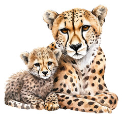 A Mother Cheetah With Her Kid, watercolor illustration vector, isolated on a white background. © AMIDCO