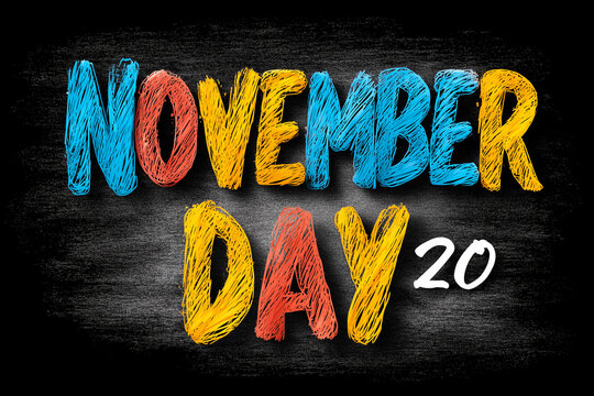 The bold, colorful typography of "November Day 20" stands out against a textured black chalkboard background, evoking a sense of autumn celebration and creativity.