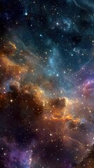 Naklejka premium A vast celestial sky filled with glowing stars and swirling colorful nebulae, casting radiant light across a dark cosmic background.