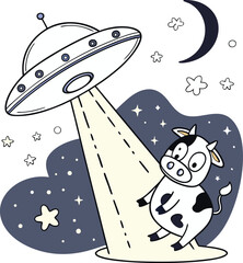 Adorable Cow Abduction Scene Perfect for Kids Apparel Designs, Stickers, and Fun Branding Projects