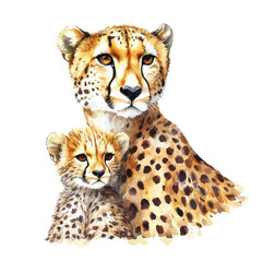 watercolor of A Mother Cheetah With Her Kid, vector, isolated on a white background.