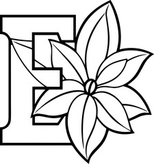 Alphabet E coloring page with the flower, E letter digital outline floral, ABC coloring page