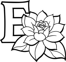 Alphabet E coloring page with the flower, E letter digital outline floral, ABC coloring page
