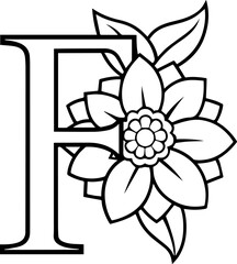 Alphabet F coloring page with the flower, F letter digital outline floral, ABC coloring page