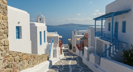 Serene coastal village with whitewashed buildings and blue accents under a clear sky, showcasing a picturesque street leading to the sea
