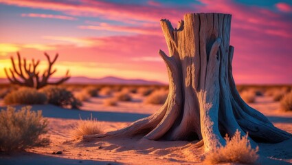 Fototapeta premium Dead tree trunk in a desert landscape experiencing drought conditions.