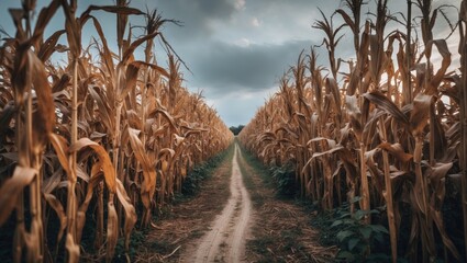 Dead end in a corn maze lost the trail through the dried corn stalks to be harvested at a farm