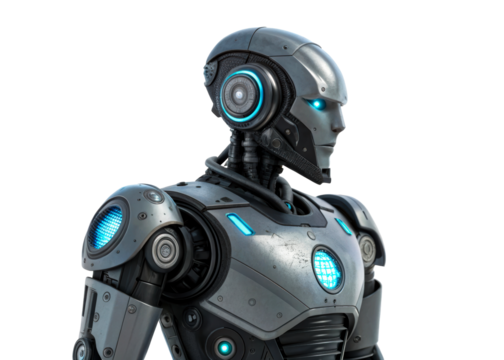 Robotic figure with glowing features on a transparent background