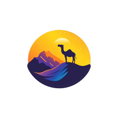 Obraz premium Silhouette of a camel standing on a hill with mountains and sun on isolated background