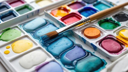 Naklejka premium Detailed macro shot of a watercolor palette with a brush