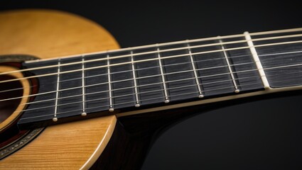 Obraz premium A detailed view of a guitar's neck highlighting the polished fretboard and tight strings, ready for a melodic adventure.