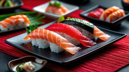 Detailed view of assorted sashimi sushi platter