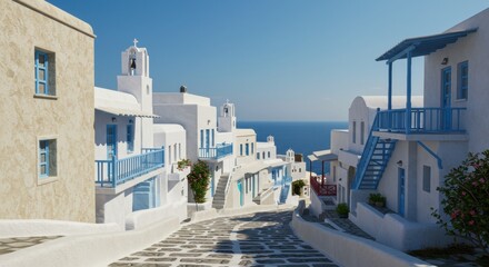 Scenic view of a picturesque coastal village with white buildings and blue accents under a clear sky
