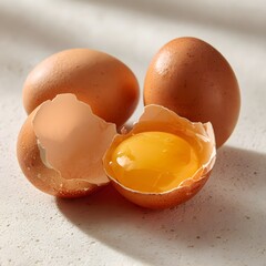 Fresh brown chicken eggs whole and cracked with yolk raw ingredients for cooking food