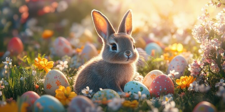 Cute rabbit surrounded by colorful Easter eggs and blooming flowers in a sunlit garden during spring