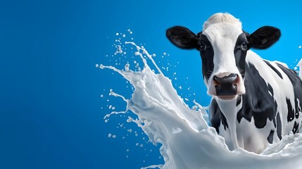 Playful cow splashing in milk, black and white dairy cow emerging from white liquid, vibrant background for food themes.