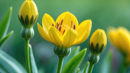 Detailed shot of a vibrant yellow blossom nearing full bloom with a verdant backdrop for botanical and floral arrangements