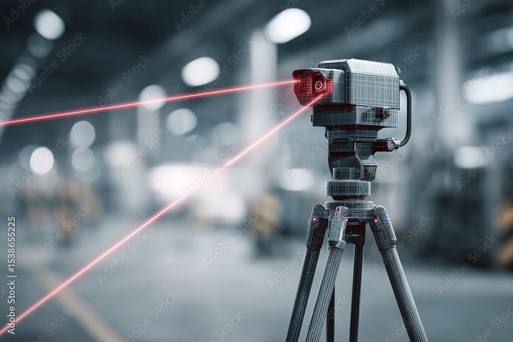 Poster a high-tech 3d laser scanning machine mounted on a tripod is actively scanning an industrial object 