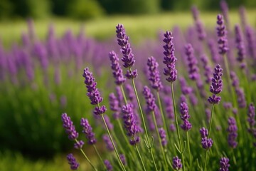 Obraz premium Detailed view of fragrant purple lavender flowers in a bright sunny meadow
