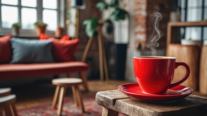 Detailed shot of a crimson mug resting on a rustic wooden seat inside a loft-style space
