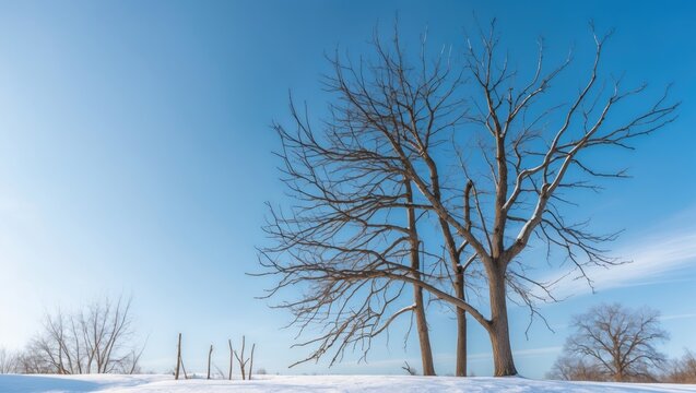 Crisp winter morning featuring a bare tree and scattered branches silhouetted against a clear blue sky