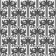 Vintage Art Deco Seamless Pattern. Geometric decorative with leaf texture. Retro background. Black and white background. Black leaf. Wallpaper