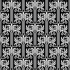 Vintage Art Deco Seamless Pattern. Geometric decorative with leaf texture. Retro background. Black and white background. White leaf. Wallpaper