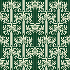 Vintage Art Deco Seamless Pattern. Geometric decorative with leaf texture. Retro background. Green and beige background. Beige leaf. Wallpaper