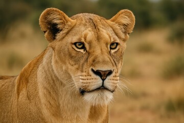 Naklejka premium Detailed view of a lioness's face