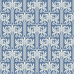 Vintage Art Deco Seamless Pattern. Geometric decorative with leaf texture. Retro background. Blue and beige background. Beige leaf. Wallpaper