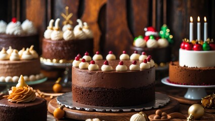 Detailed view of a rich chocolate cake against a wooden backdrop, showcasing various styles, shapes, and backgrounds