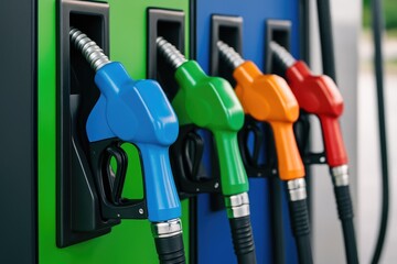Detailed shot of a fuel dispenser nozzle with various fuel types at a busy gas station, showcasing colorful patterns and energetic themes.