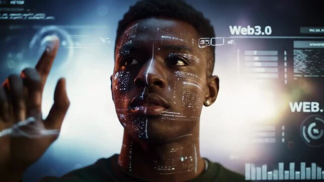 Portrait of young dark-skinned man interacting with digital infographic overlays, showcasing metaverse and web3.0 technology