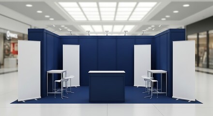 Modern blue exhibition stand with blank banners in a bright indoor setting