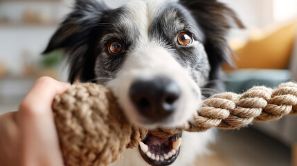 Playful border collie dog pulling on rope toy during fun game at home