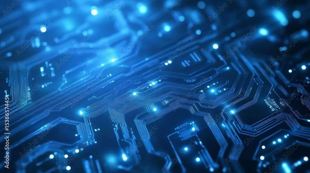 Poster futuristic blue technology background with glowing digital data grid, abstract circuit lines, and mo