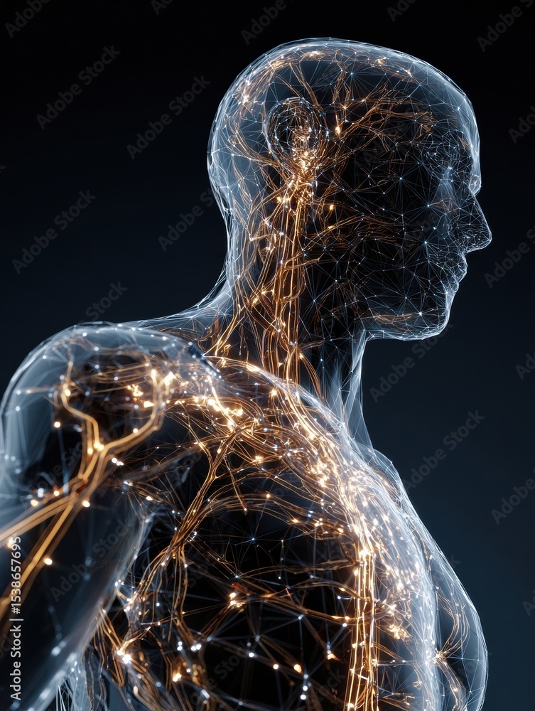 Poster stylized wireframe representation of a human body highlighting the nervous system in an artistic vis