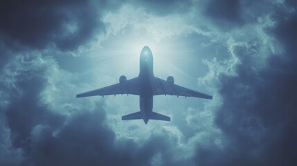 Airplane soaring through dramatic clouds