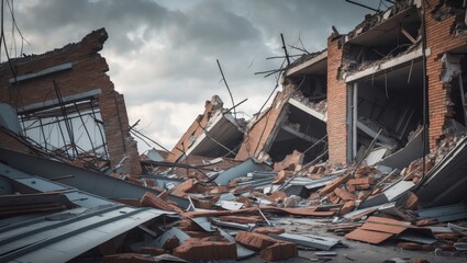 Damaged Building featuring Burnt Walls and a Cracked Fence in Ukraine